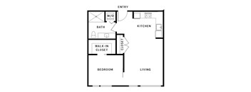 A black and white image of a floor plan for a small apartment.