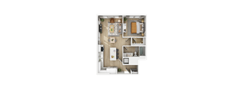 a stylized floor plan with a bedroom and a living room