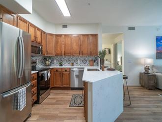 Apartments in Scottsdale - Desert Park Vista Apartments - Kitchen with Wood Cabinetry and Quartz Counter Tops and Stainless Appliances