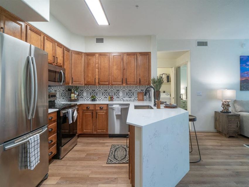 Apartments in Scottsdale - Desert Park Vista Apartments - Kitchen with Wood Cabinetry and Quartz Counter Tops and Stainless Appliances - Photo Gallery 1