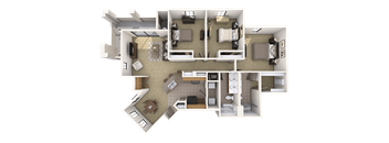 A 3D floor plan of a house showing a kitchen, living room, dining room, and bedrooms.