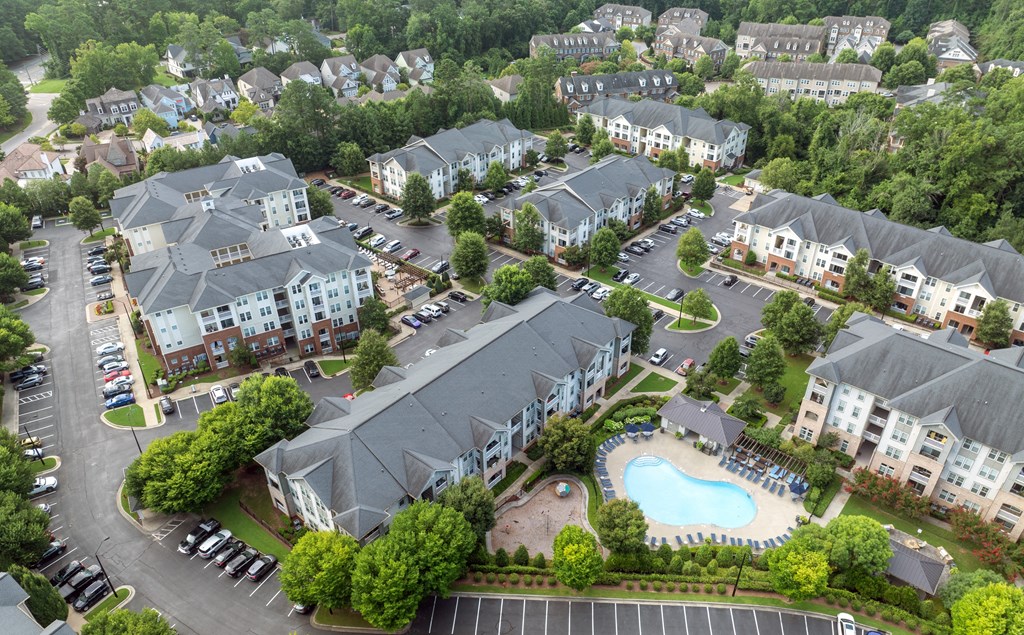 Aerial View of Allister North Hills Featuring Resort-Style Pool and Surface Lot Parking