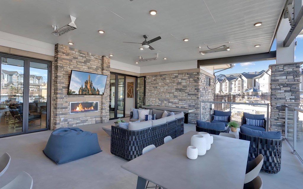 Outdoor Patio Lounge with Fireplace