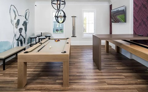 Game room with a pool table, a shuffleboard table, a mounted television, and a painted bulldog mural on the wall.