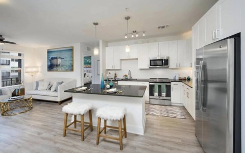 Open-Concept Living and Kitchen Area with Sleek White Cabinetry