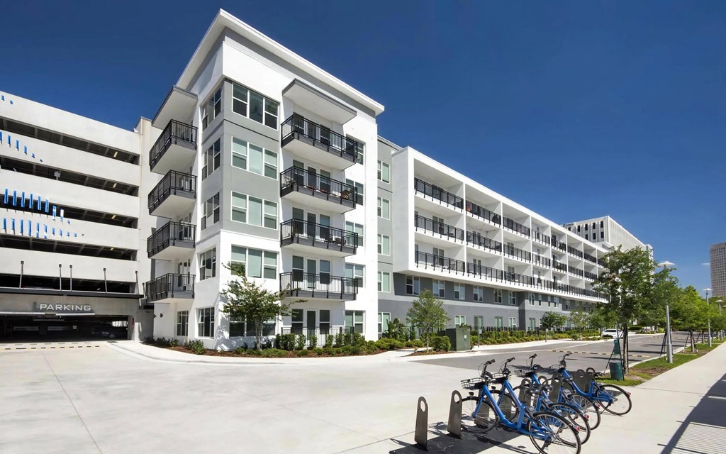Exterior View of Building and Parking Garage
