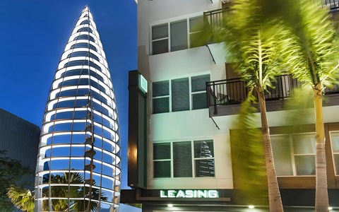 Anchor Riverwalk Building Entryway Featuring Architectural Landmark Sculpture at Night