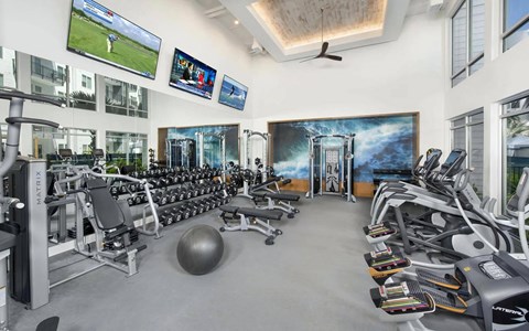 Fitness Center with Free Weights, Cardio Machines, and Mounted TVs