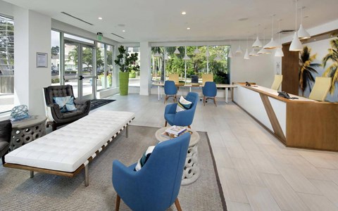 Welcoming Office with Contemporary Furniture and Large Windows Overlooking Greenery