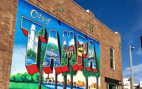 Iconic Tampa Postcard-Style Wall Mural Showcasing Local Landmarks