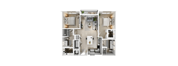 A floor plan of a house with a kitchen, living room, and two bedrooms.