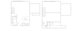 Two floor plans of a house with a staircase and a kitchen.
