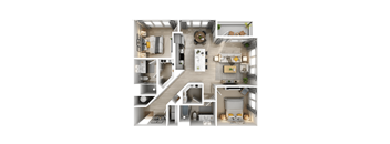 A top-down view of a house interior with a kitchen, living room, and bedrooms.