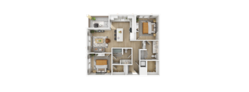 a 3 bedroom floorplan with a split bedroom with a living room and a kitchen