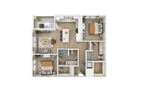a 3 bedroom floorplan with a split bedroom with a living room and a kitchen