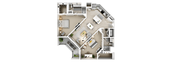 A top-down view of a house layout with a kitchen, living room, and bedrooms.