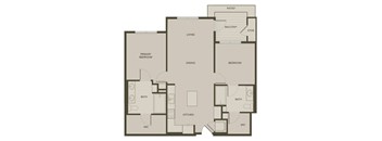 A floor plan of a house with a living room, two bedrooms, a kitchen, a bathroom, a balcony, and a patio.