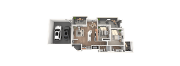 A 3D floor plan of a house with a kitchen, living room, and two bedrooms.