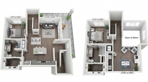 A floor plan of a two-bedroom apartment with dimensions and an "Open to Below" sign.