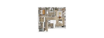 a stylized floor plan with a bedroom and a living room