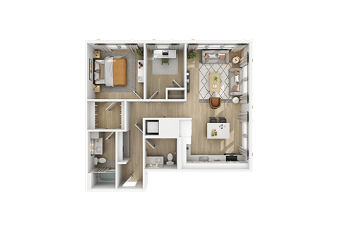 a stylized floor plan with a bedroom and a living room