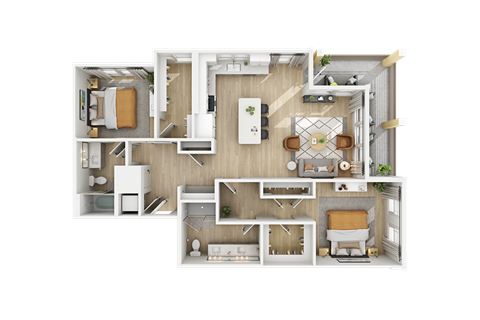 a floor plan of a bedroom apartment with furniture and a living room