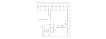 A floor plan of a house with a kitchen, living room, and bathroom.