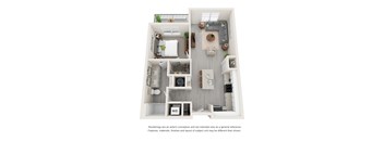 A floor plan of a small apartment with a kitchen, living room, and bathroom.