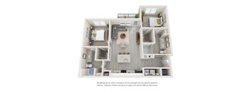 A 3D floor plan of a house with a living room, kitchen, and two bedrooms.
