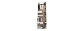 a floor plan of a studio apartment with a bedroom and a living room
