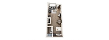 a stylized floor plan with a bedroom and living room