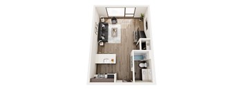 a 1 bedroom floor plan with a bathroom and a living room