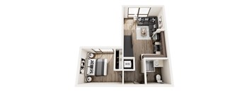 a stylized floor plan with a bedroom and a living room