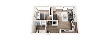 a stylized floor plan with a bedroom and a bathroom