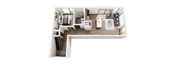 a stylized floor plan with a bedroom and a living room