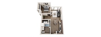 a stylized floor plan with a bedroom and a bathroom