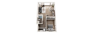 a stylized floor plan with a bedroom and a living room