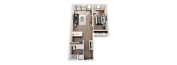 a stylized floor plan with a bedroom and a living room