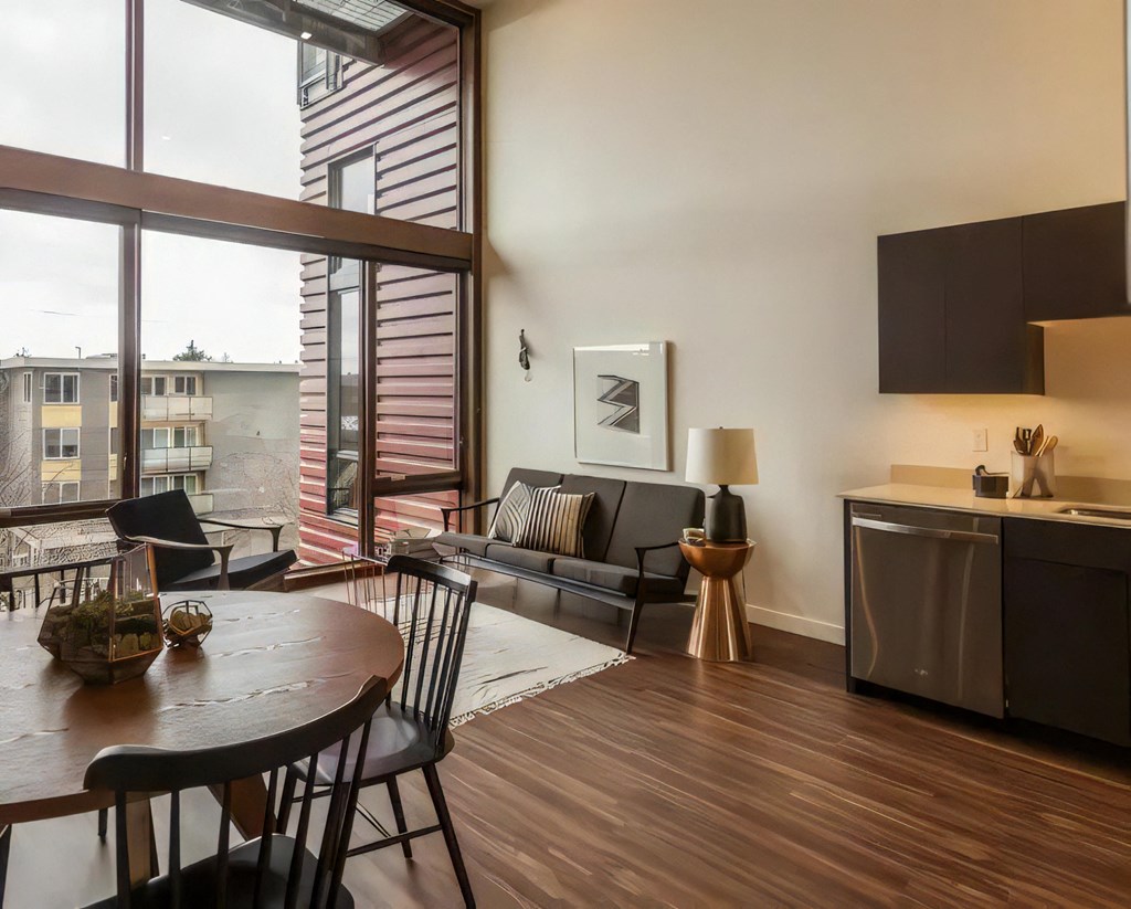 Ballard Lofts Apartment Amenities Large Wood Framed Windows with Pre Installed Specialty Shades