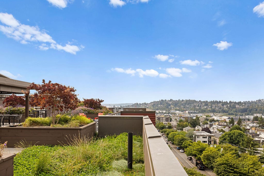 A view from a high vantage point looking down at a cityscape with a clear blue sky above.