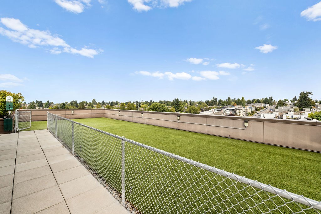A chain link fence separates a green field from a sidewalk.
