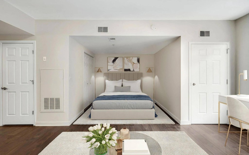 Studio Apartment With Dedicated Sleeping Area and Two Closet Doors