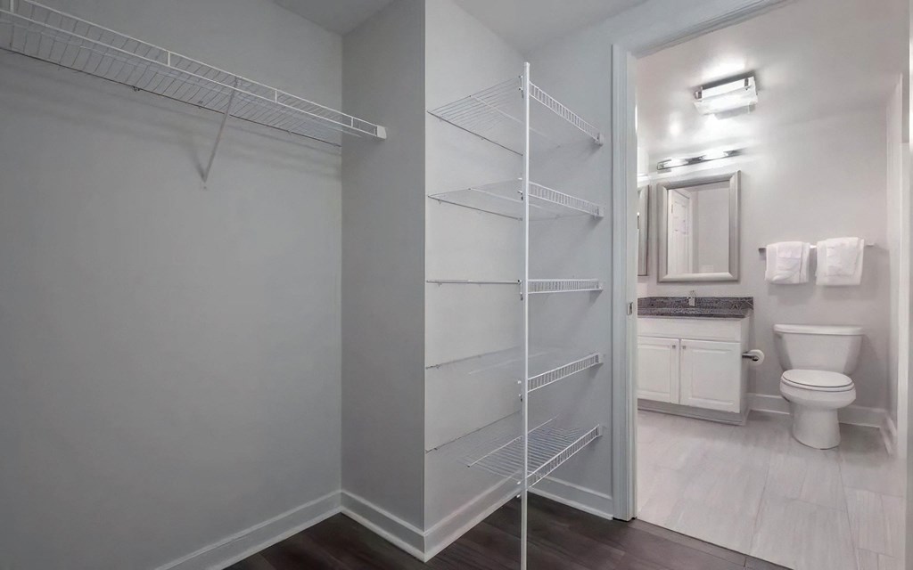 Walk-In Closet With Wire Shelving and Direct Bathroom Access