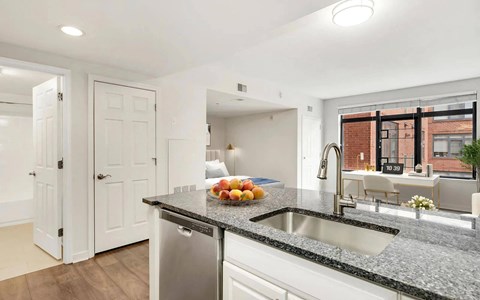 a kitchen with a counter top and a sink