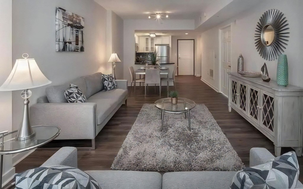 View From Living Room Toward Kitchen and Dining Area in Apartment