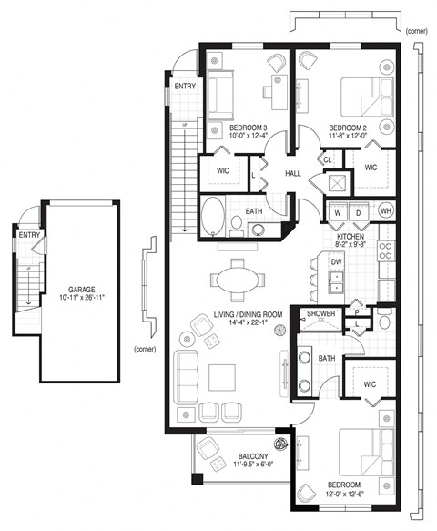 A black and white floor plan of a house with labeled rooms.
