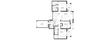 A floor plan of a house with a living room, dining room, kitchen, and two bedrooms.