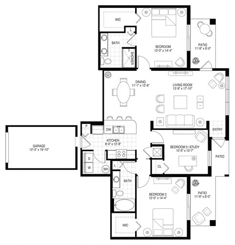 A floor plan of a house with a living room, dining room, kitchen, and two bedrooms.