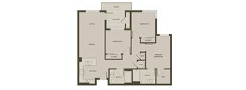 A floor plan of a house with a living room, dining room, kitchen, and three bedrooms.