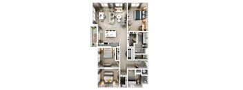 A top-down view of a small apartment with a kitchen, living room, and two bedrooms.